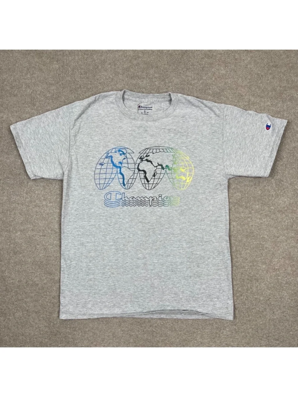 Champion T Shirt Adults Size M Gray Short Sleeve Globe Logo Graphic Casual Men's - Picture 1 of 6